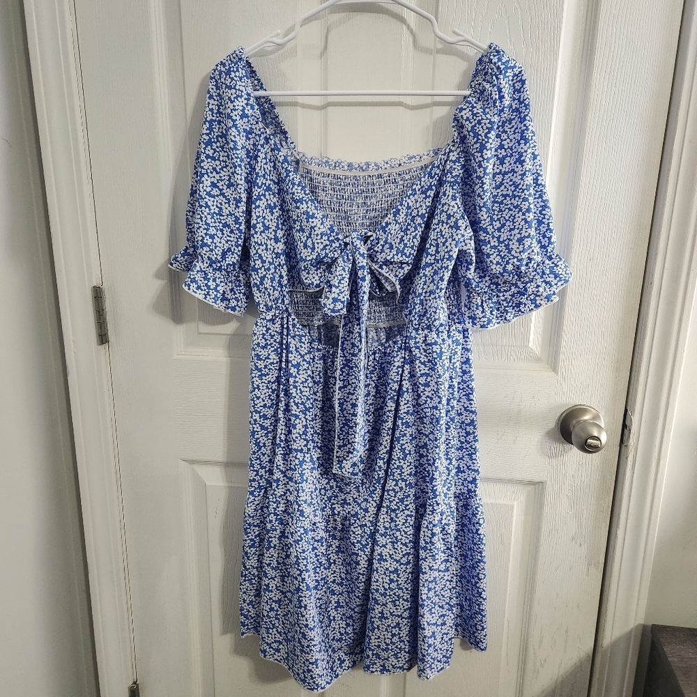 Babydoll floral dress smocked tie back square neck puff sleeve milkmaid LG - Picture 12 of 14